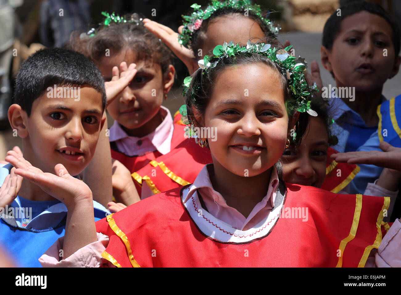 Boys and girls of a Secondary School perform traditional dances. Assiut, Egypt Stock Photo