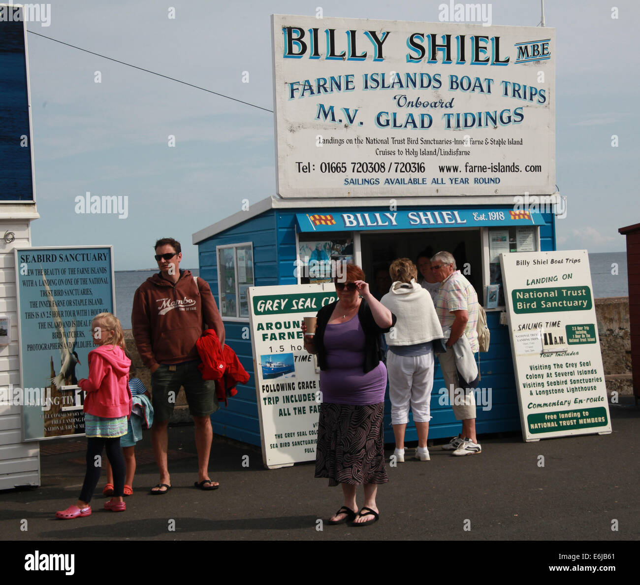 Billy Shiel boat Tickets being sold from sheds at Seahouses, for Farne Island trips, NE England, UK Stock Photo