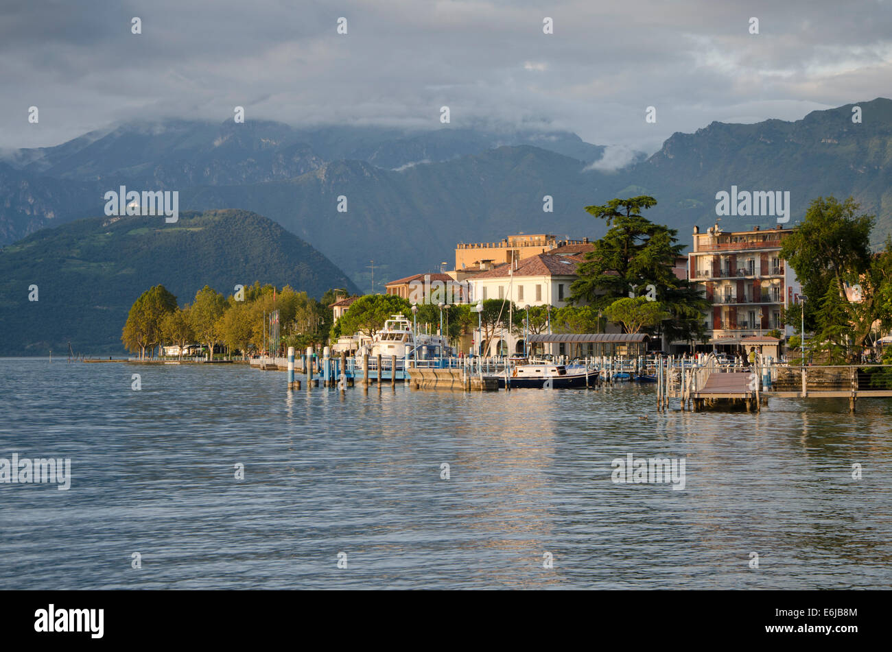 Lake Iseo Italy. Lago d'Iseo or Sebino with the Italian village Iseo. Lombardy region. Northern Italy. Stock Photo