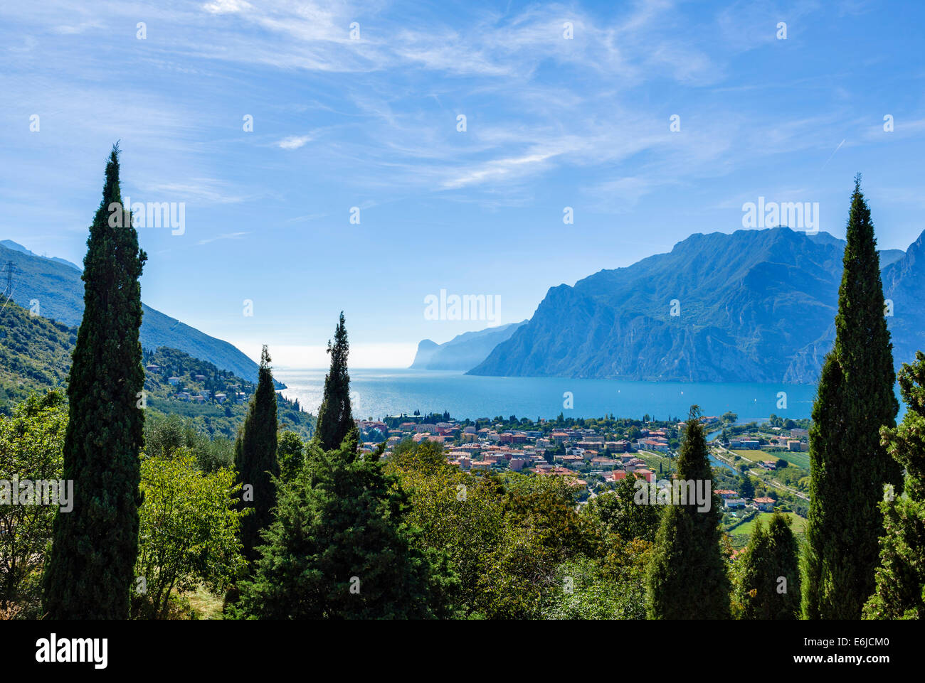 View over Torbole and the northern end of Lake Garda from the SS240, Italian Lakes, Lake Garda, Trento, Italy Stock Photo
