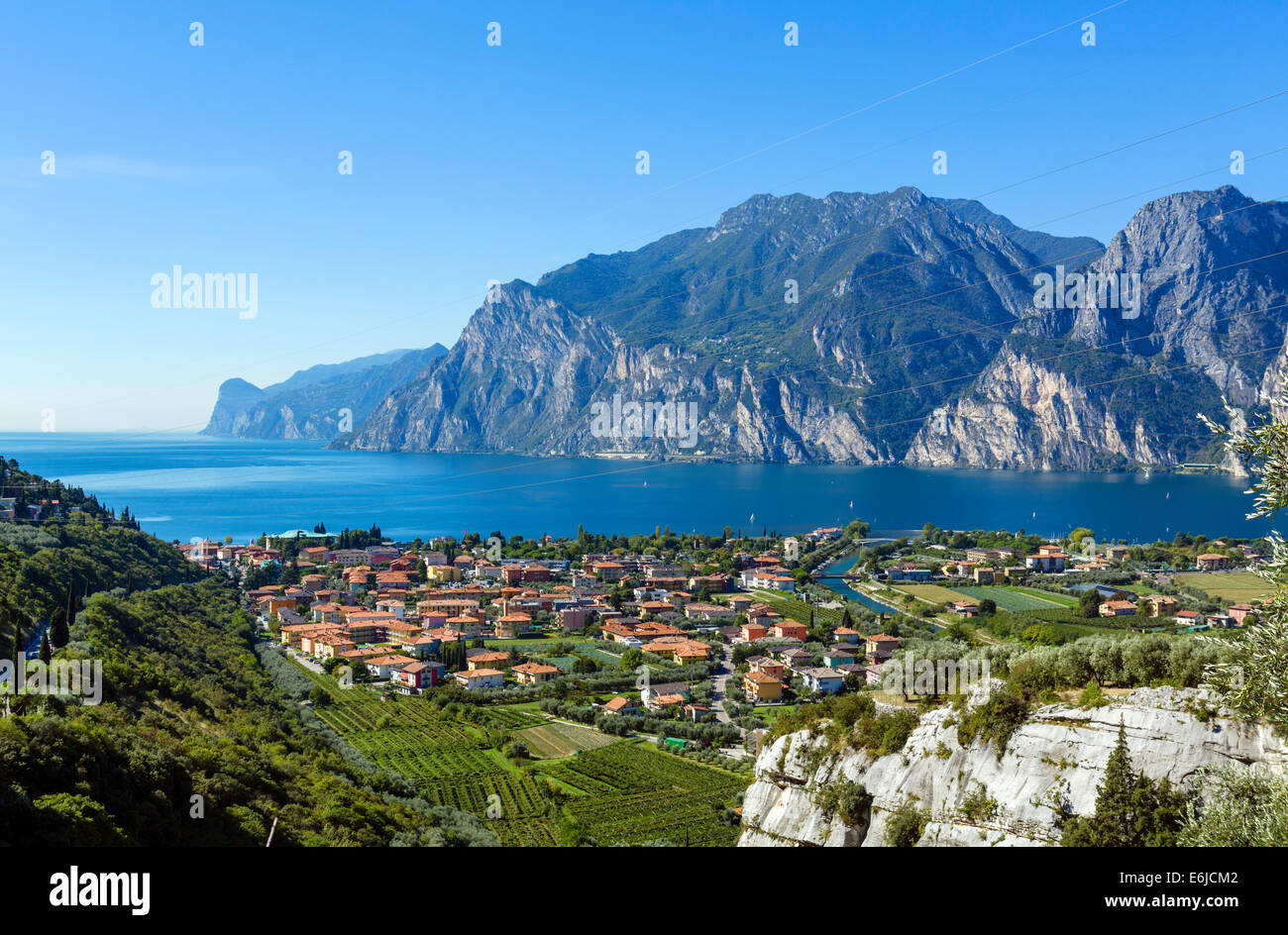 View over Torbole and the northern end of Lake Garda from the SS240, Lake Garda, Trento, Italy Stock Photo