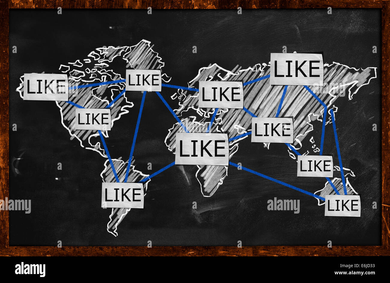 World Like Connection on Blackboard Drawing Art Stock Photo