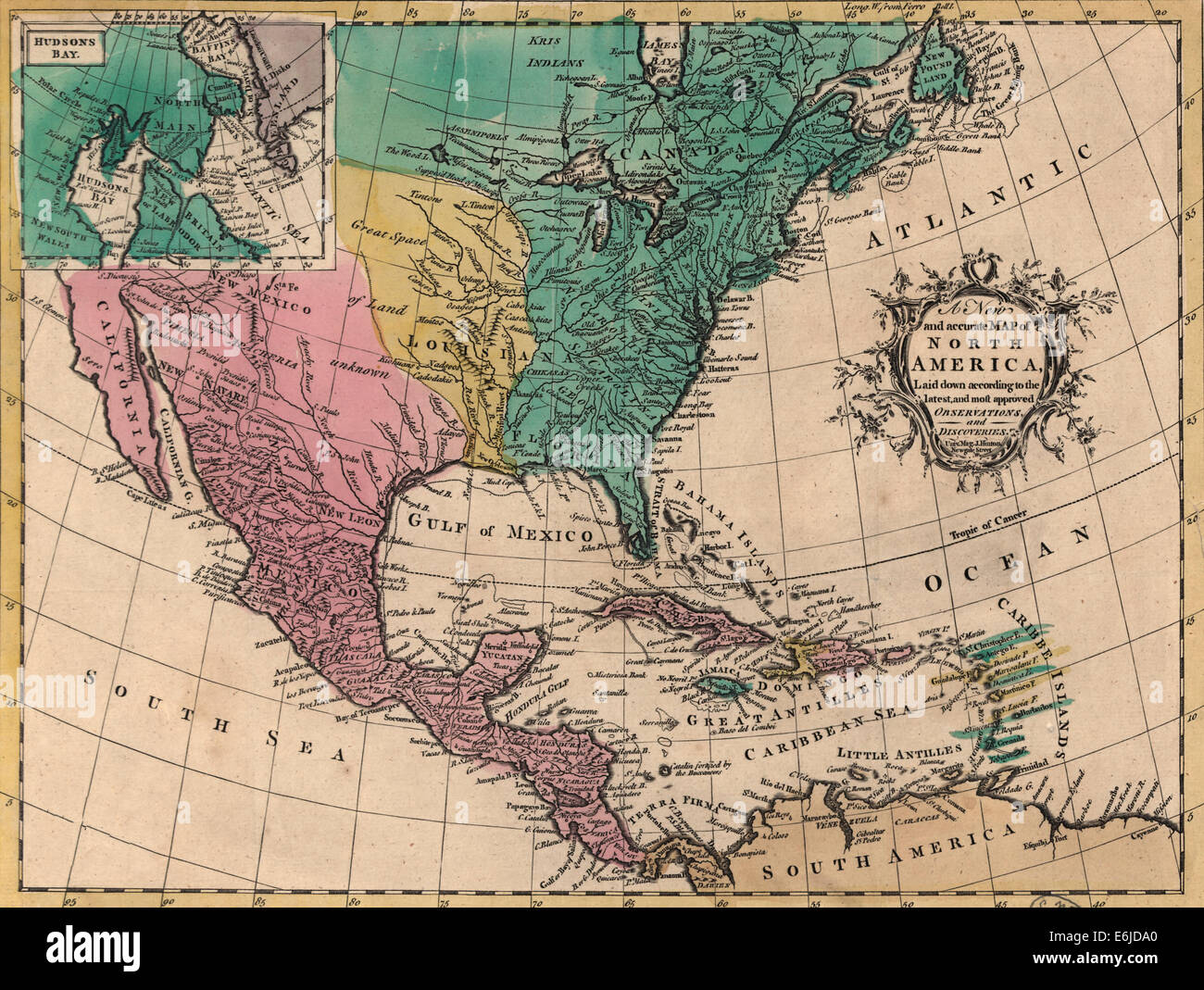 A new and accurate map of North America, laid down according to the latest, and most approved observations and discoveries. 1763 Stock Photo