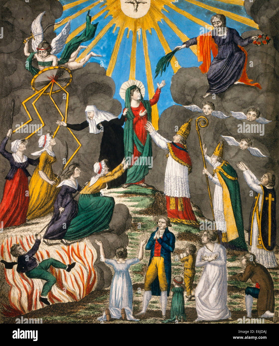 Le Triomphe de la religion -  Cartoon shows Pope Pius VII, Cardinal Caprara, and other members of the clergy seeking to receive the spirit of light from the beneficial rays emanating from a dove at top center, parting the dark clouds of ignorance and intolerance; at top right, Jesus sits holding a crown of roses and extending palm fronds to the Virgin Mary, with a nun at her side; on left, women revolutionaries are struck by bolts of lightning issuing from a shield held by an archangel; at bottom left, a fiery pit claims other revolutionaries, while on the right, a group of new believers prays Stock Photo