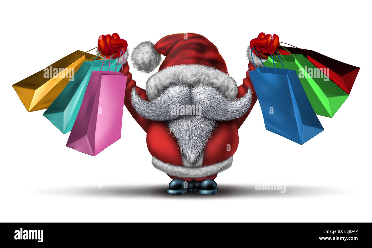 Christmas shopping spree  as a fun Santa clause with a white beard and a red snow costume holding retail gift bags for holiday buying fun and joyous winter sale holiday celebration on a white background. Stock Photo