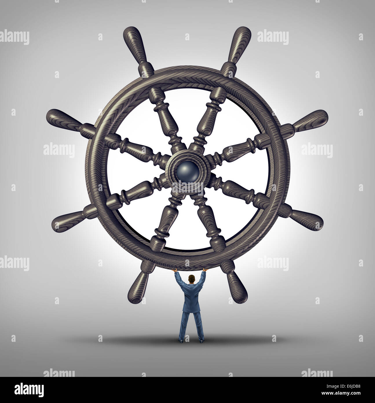 Take the reins and change course business concept as a businessman holding a ship wheel steering gear as a symbol and financial Stock Photo