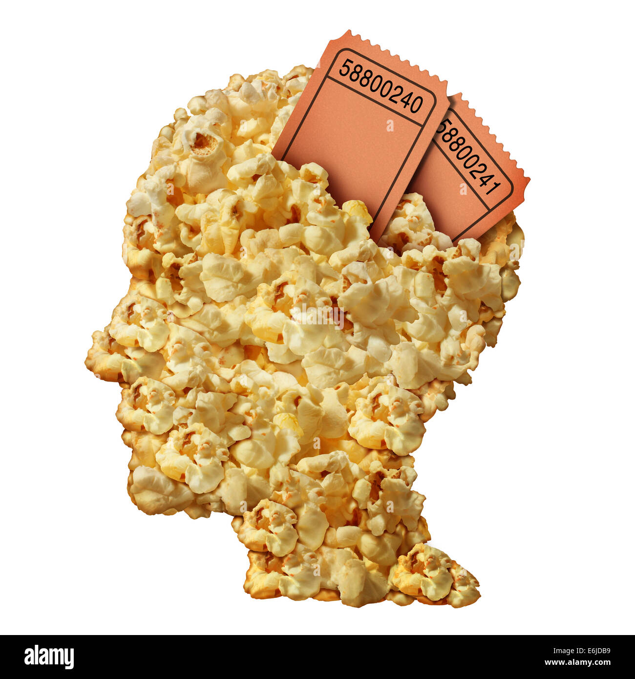 Thinking movies concept and movie guide or reviews symbol as a heap of popcorn shaped as a human head with ticket stubs emerging as an icon for entertainment issues and public media consumption. Stock Photo
