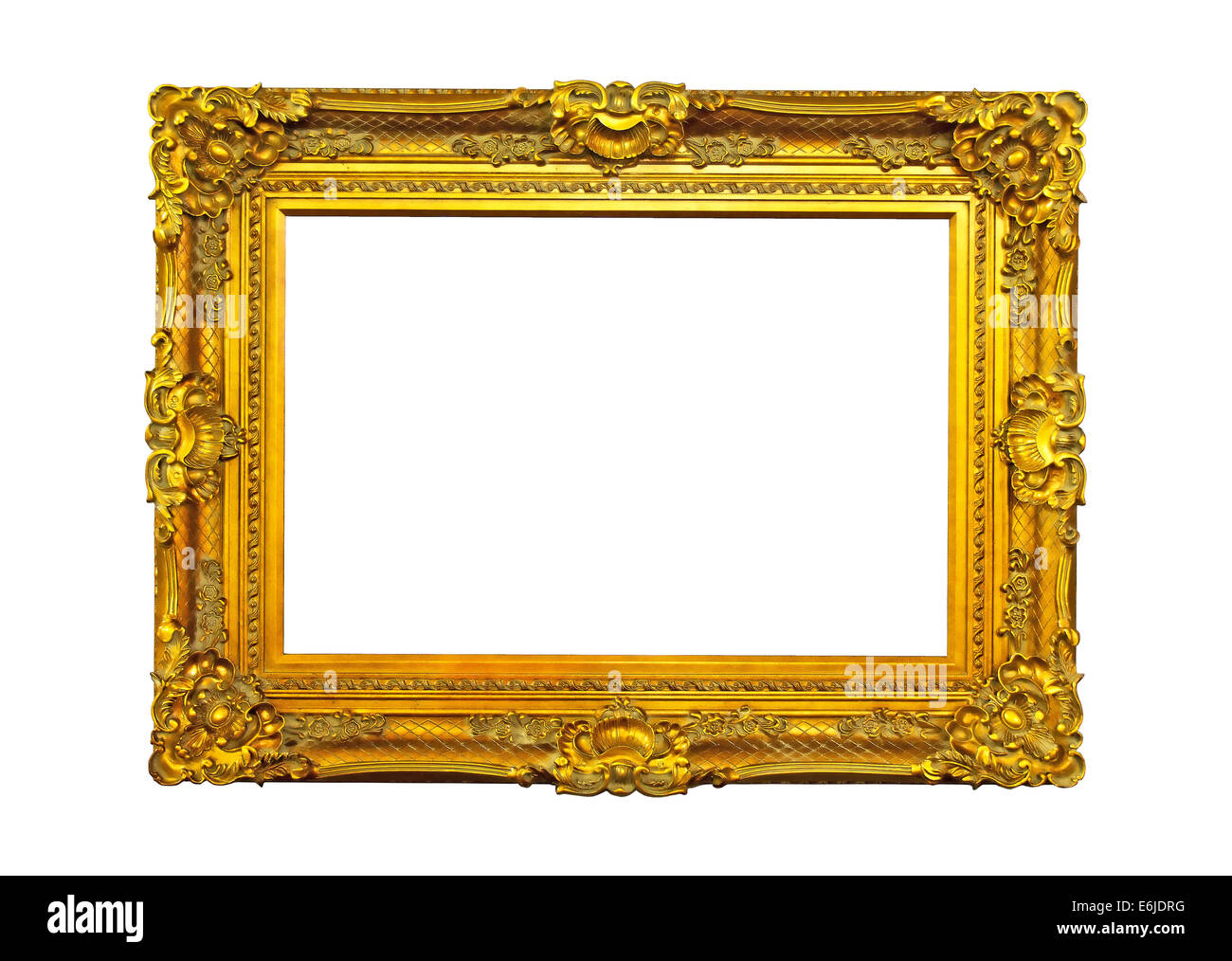 Golden plated  picture frame isolated on white. Stock Photo