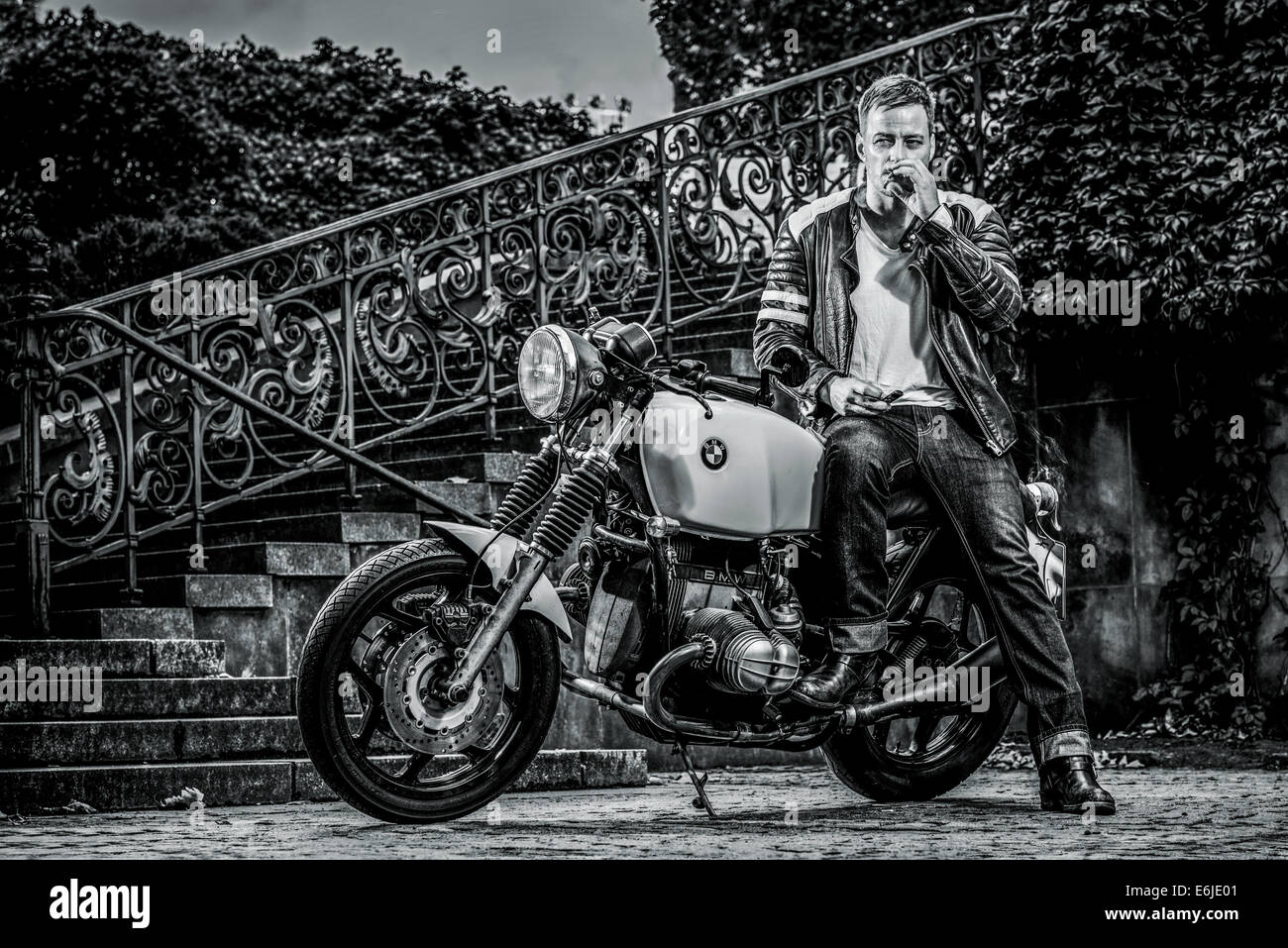 EXCLUSIVE: The actor Tom Wlaschiha during a exclusive photo shoot with a BMW RT80 (Cafe Racer) bike on August 09, 2014 in Berlin, Germany. Photo: picture alliance / Robert Schlesinger Stock Photo