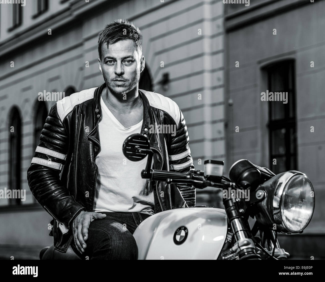 EXCLUSIVE: The actor Tom Wlaschiha during a exclusive photo shoot with a BMW RT80 (Cafe Racer) bike on August 09, 2014 in Berlin, Germany. Photo: picture alliance / Robert Schlesinger Stock Photo