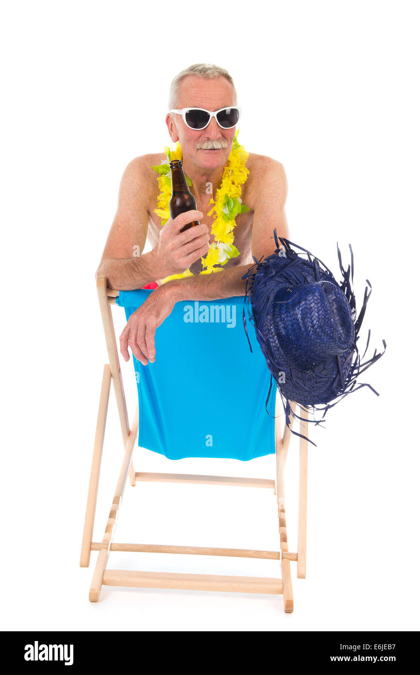Retired Man On Vacation Sitting In Beach Chair Drinking Beer Stock Photo Alamy