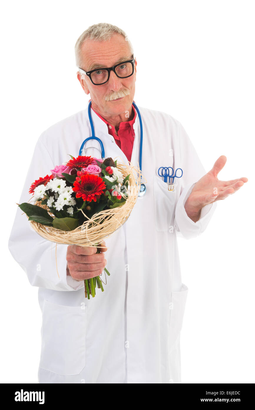 doctor is giving flowers to say I am wrong isolated over white