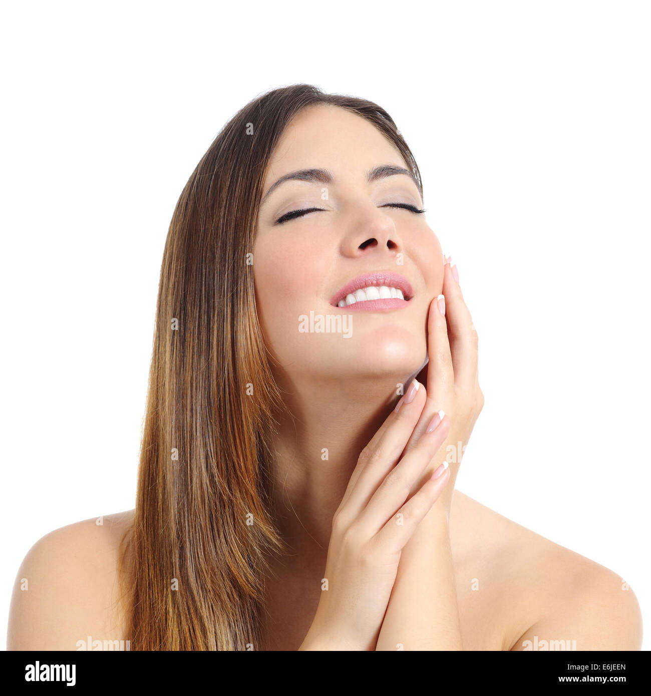 Beauty woman with perfect skin and manicure and white smile isolated on a white background Stock Photo
