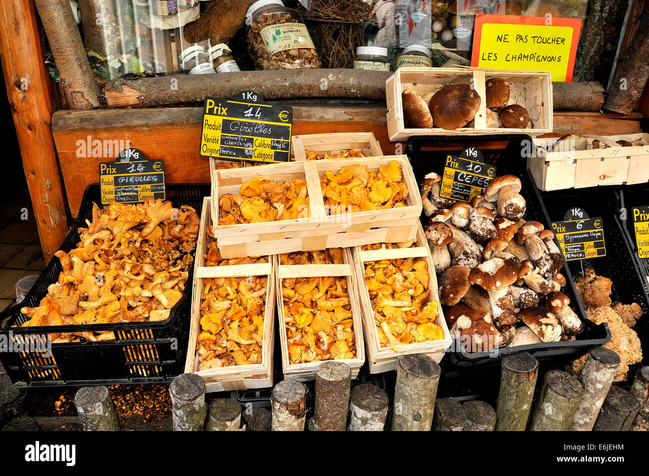 Grocer's stand selling mushrooms La Chaise Dieu Haute Loire Auvergne Massif Central France Stock Photo