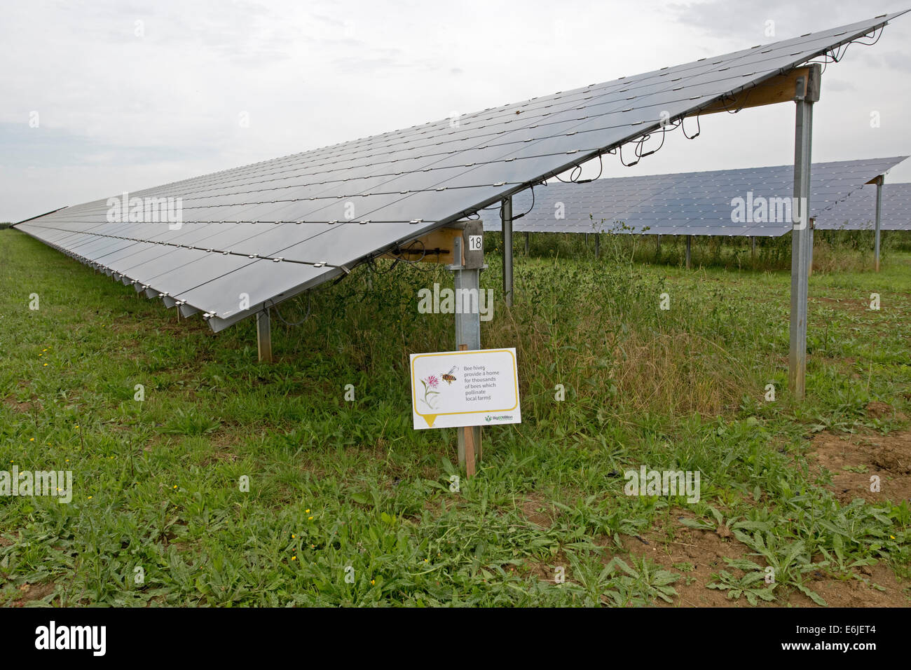 Wildlife friendly information boards on Belectric solar farm at Willersey North Cotswolds UK Stock Photo