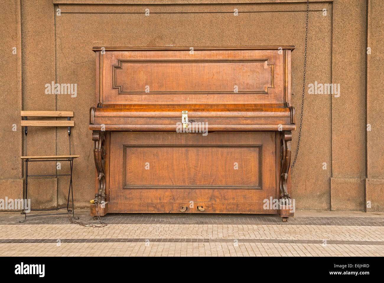 Old public piano on a street in Prague, Czech Republic Stock Photo