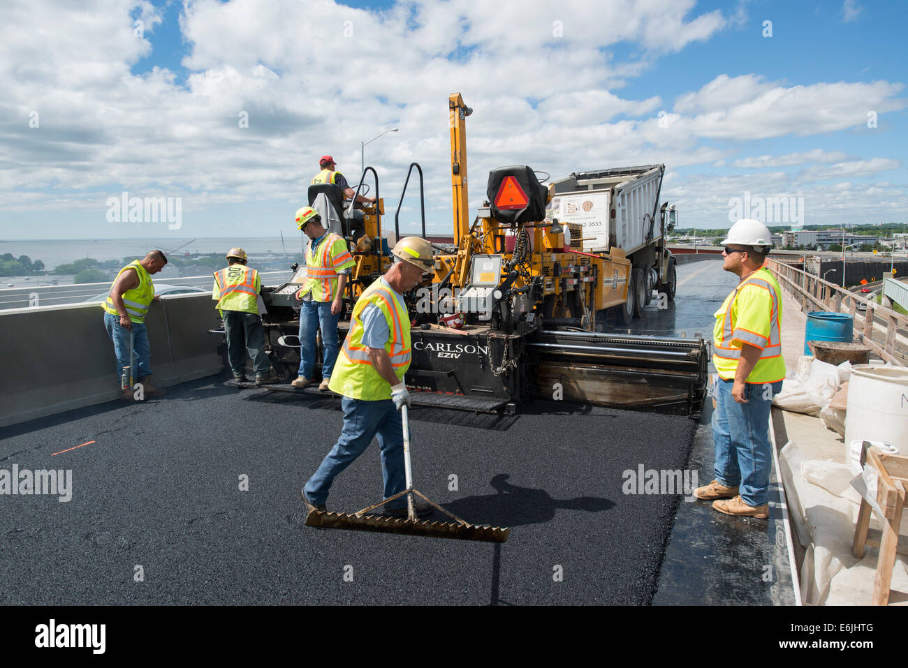 Paving overpass on I-95 New Haven Harbor Crossing project. Stock Photo