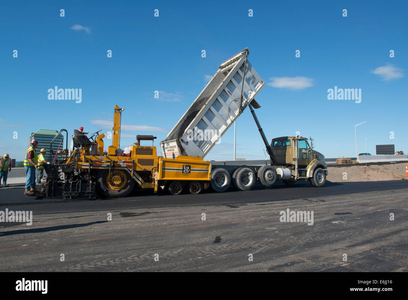 Paving overpass on I-95 New Haven Harbor Crossing project. Stock Photo