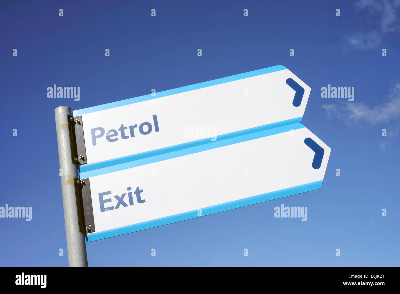 Sign indicating location of Petrol station and the exit Stock Photo