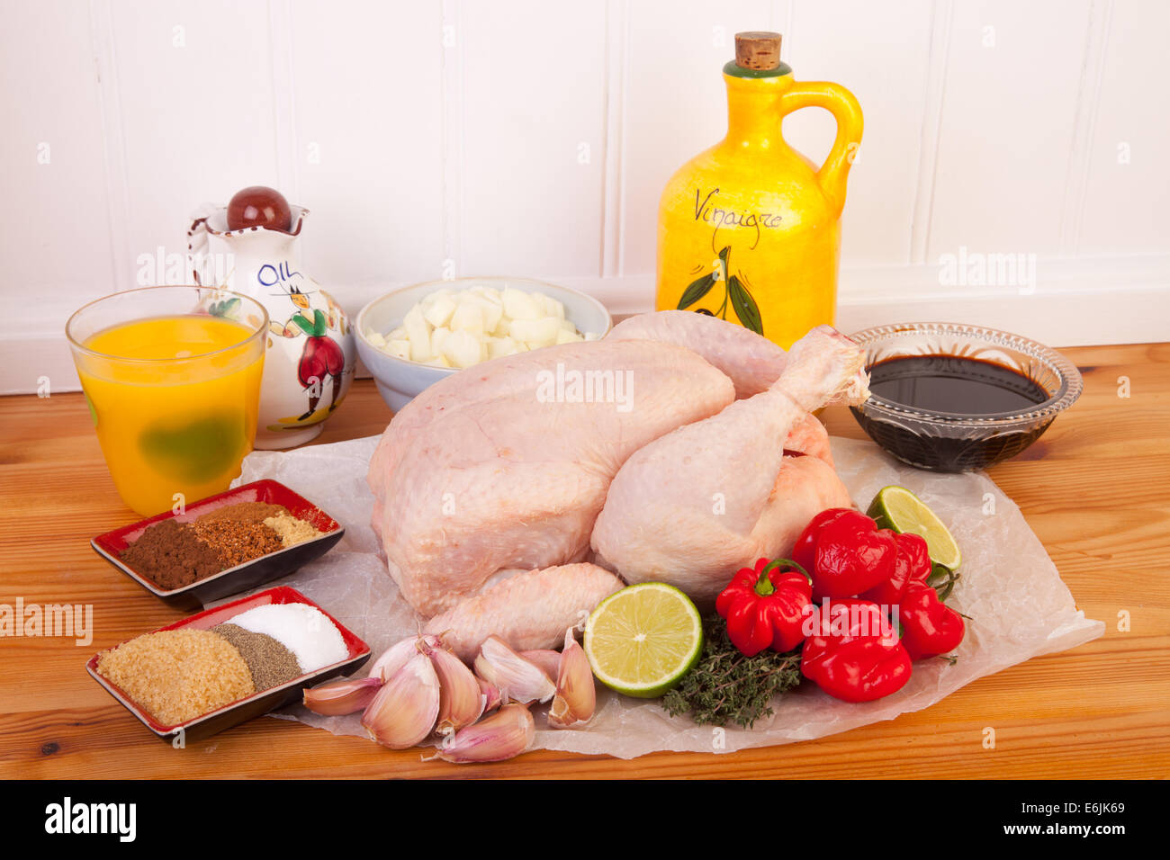 jerk chicken cooking ingredients on the wooden table Stock Photo