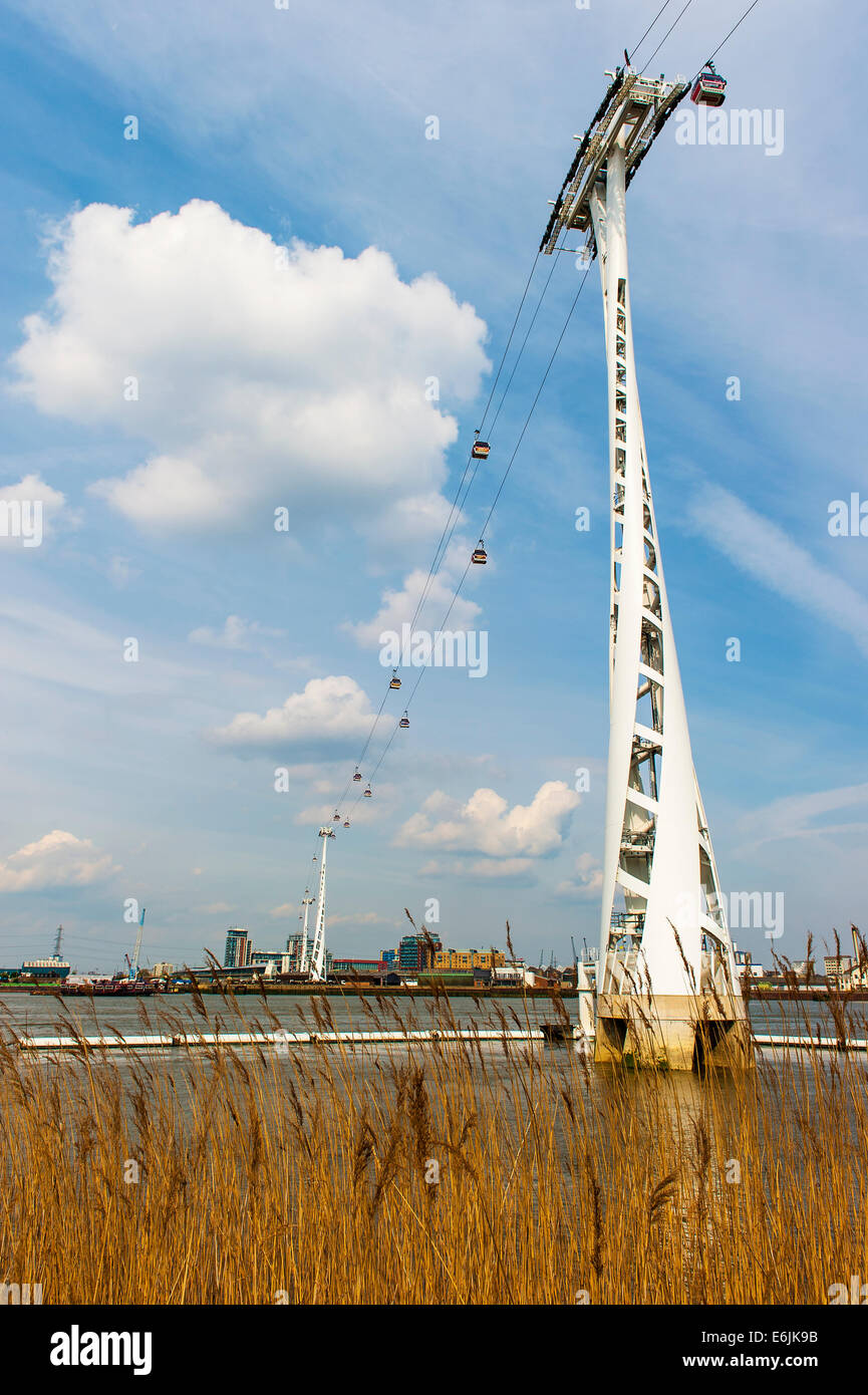 Cable Car Across the River Thames at Greenwich. The flight goes between the O2 Dome at Greenwich to the Royal Docks. Stock Photo