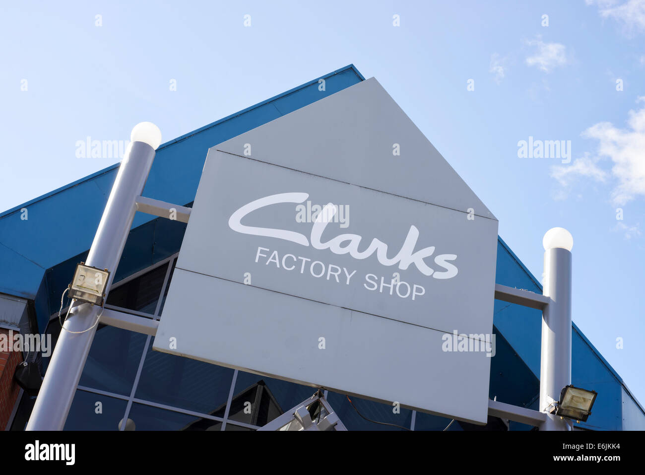 Sign over the entrance to a Clarks Factory shop in Blackpool, Lancashire Stock Photo