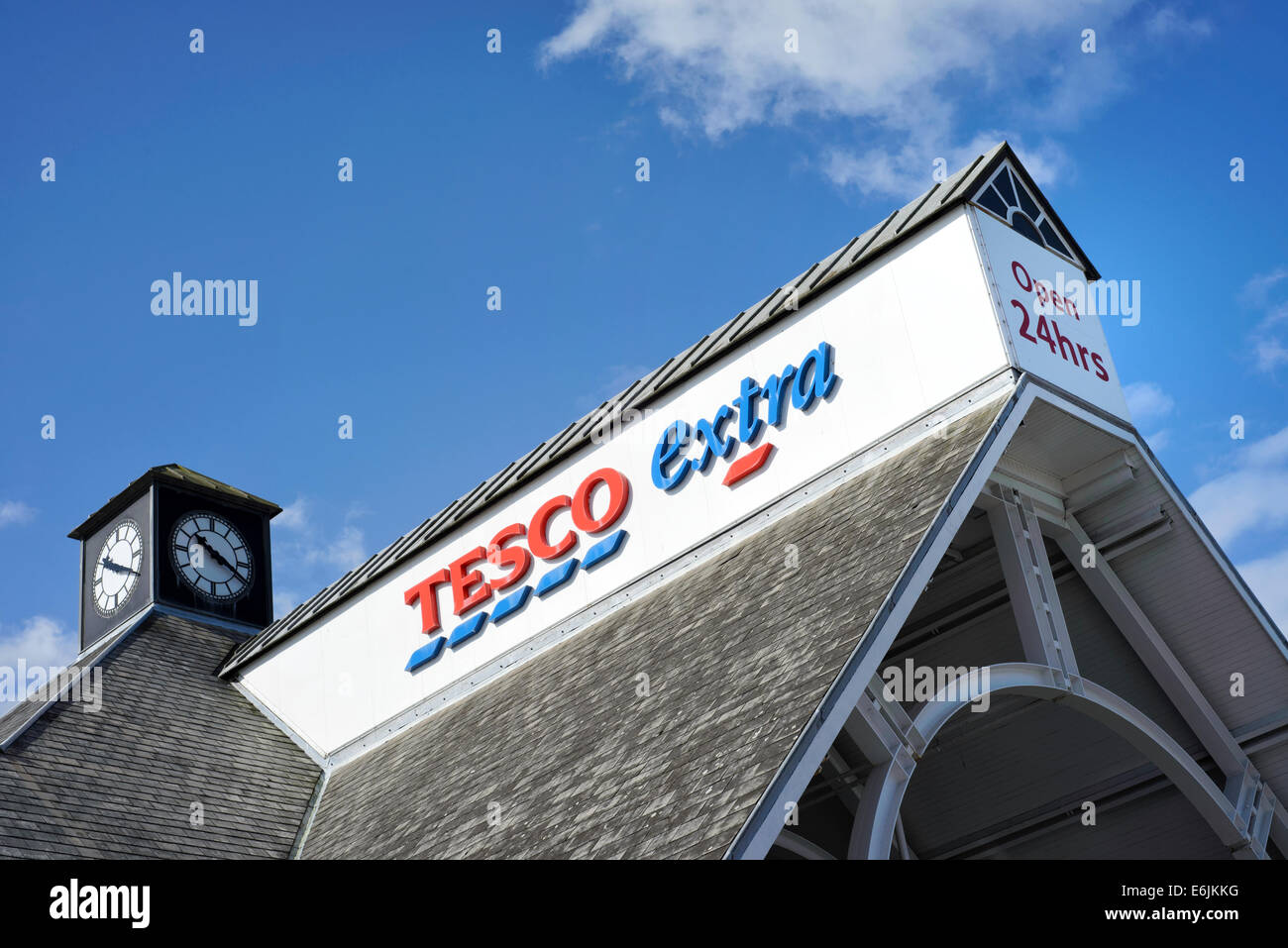 Roof of Tesco Extra store showing branding Stock Photo