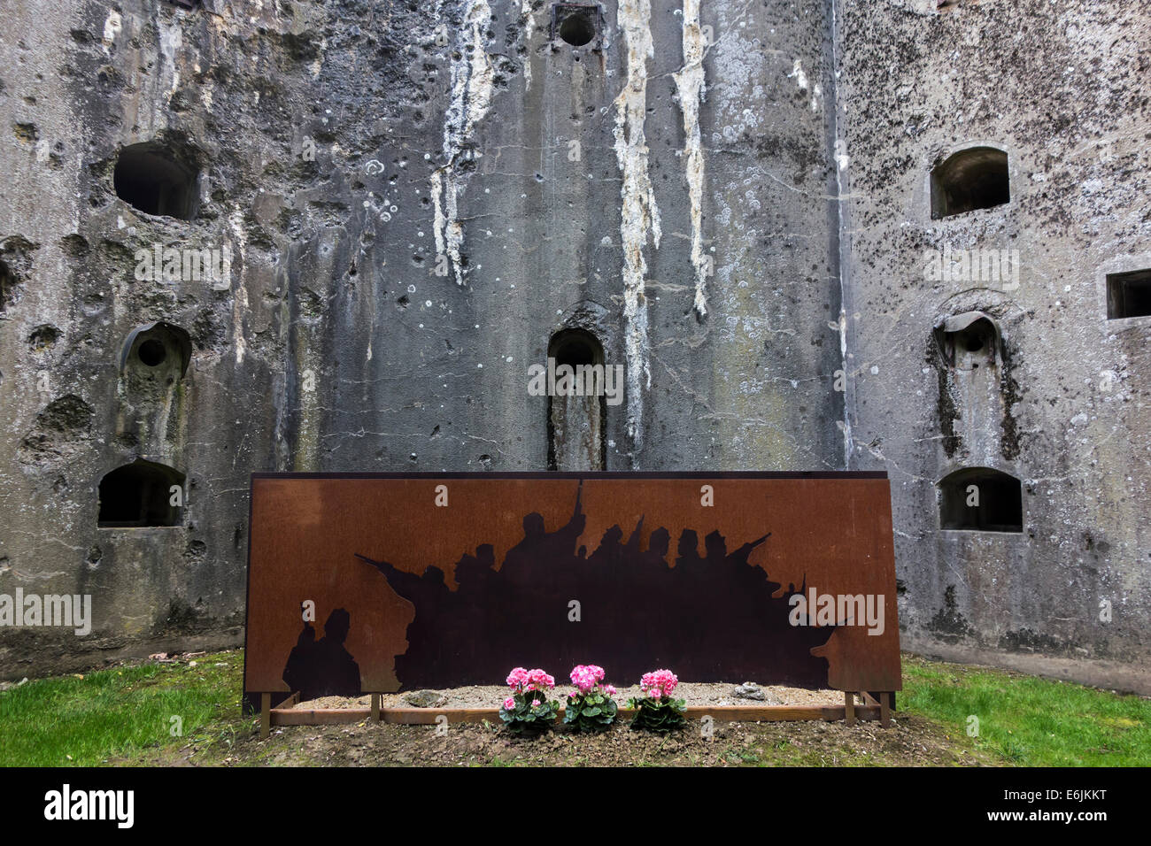 Bullet-scarred wall in the Fort de Loncin, one of twelve forts built as part of the Fortifications of Liège during WW1, Belgium Stock Photo