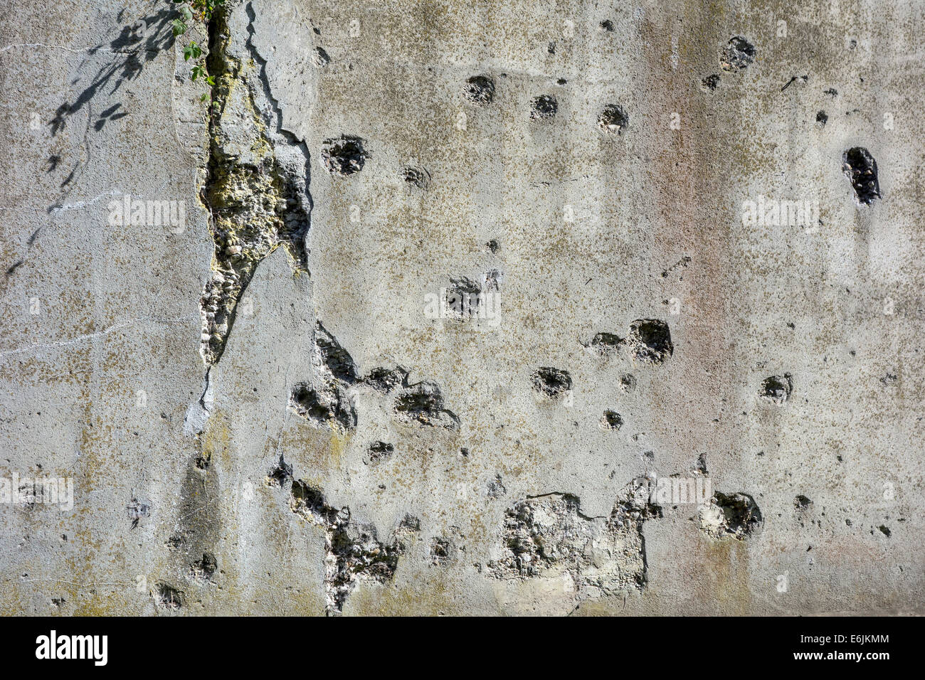 Bullet-scarred wall in the Fort de Loncin, one of twelve forts built as part of the Fortifications of Liège during WWI, Belgium Stock Photo