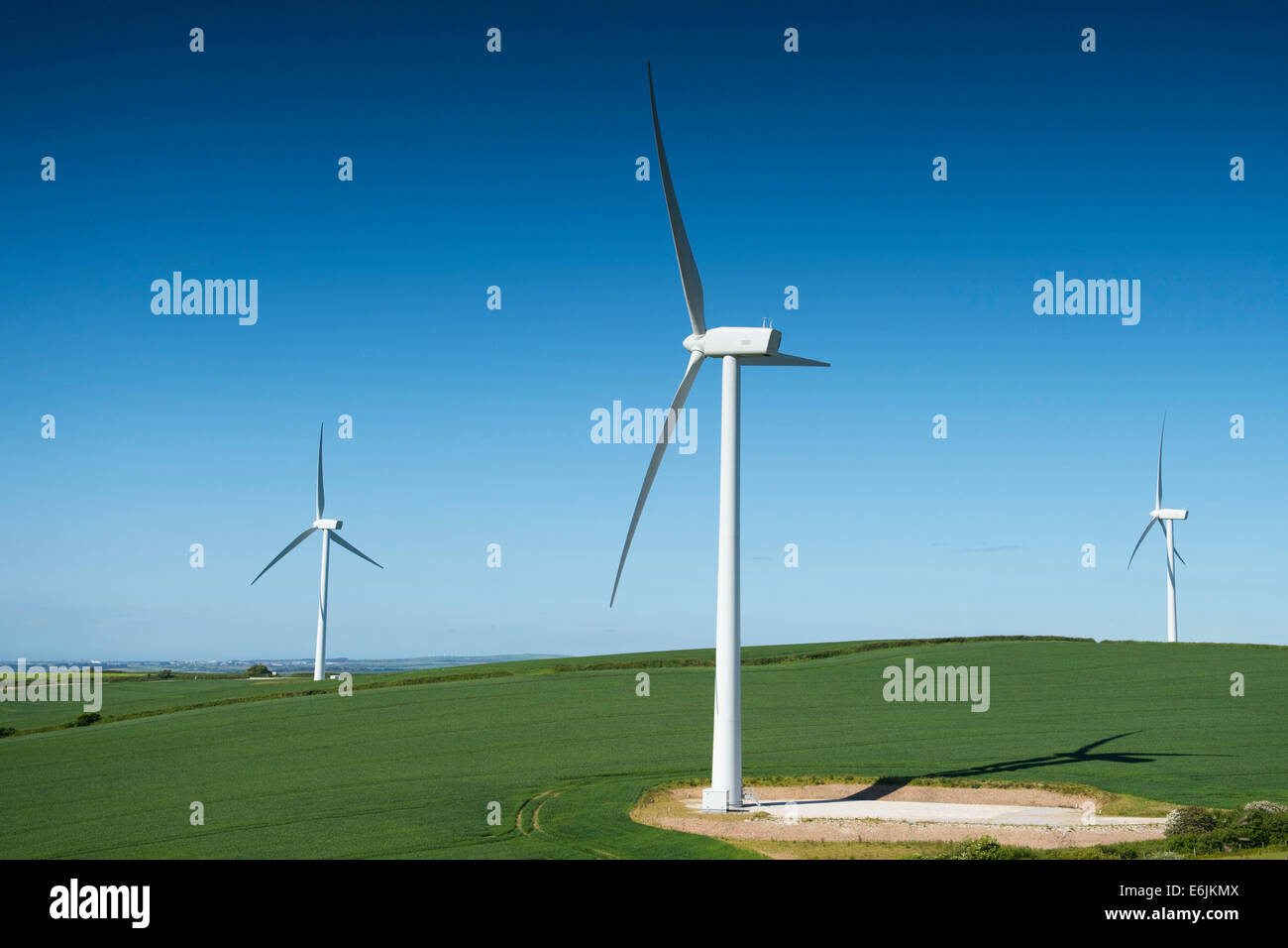 A wind turbine at a wind farm producing renewable energy in Cornwall. Stock Photo