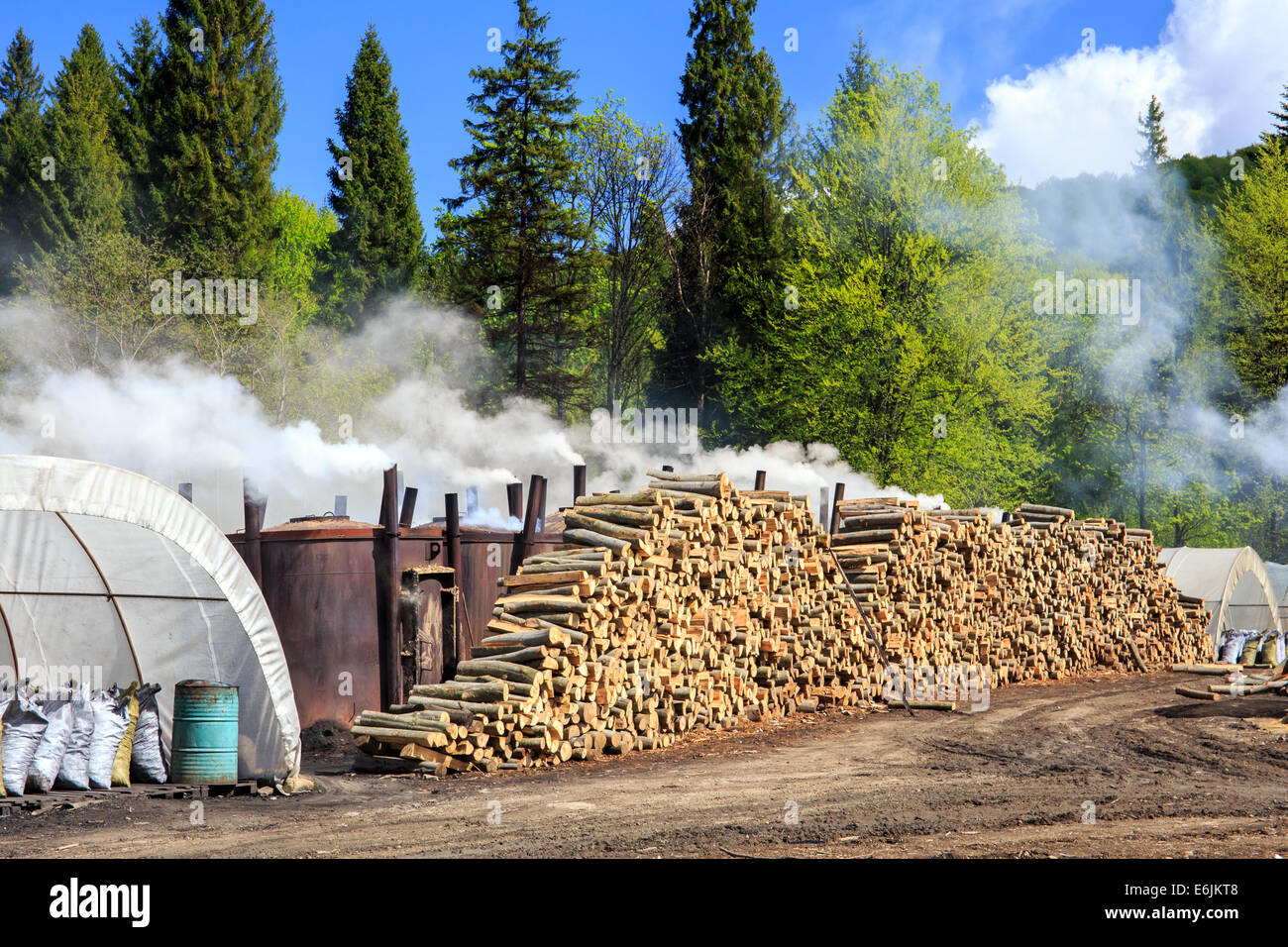 Traditional way of charcoal production in a forest of Bieszczady Mountains, Poland Stock Photo