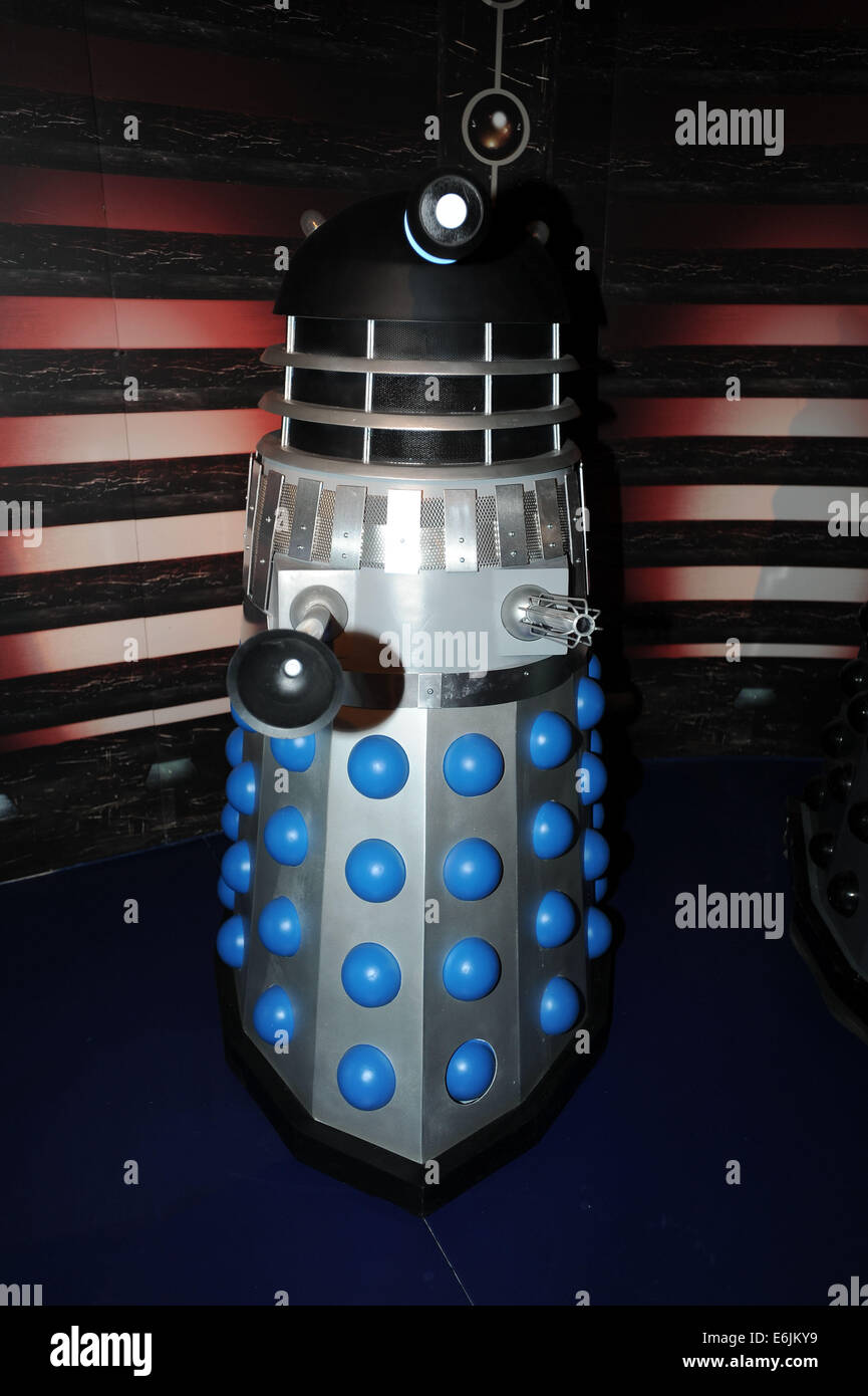 A silver and blue dalek at the Doctor Who experience at Cardiff Bay, Wales. Stock Photo