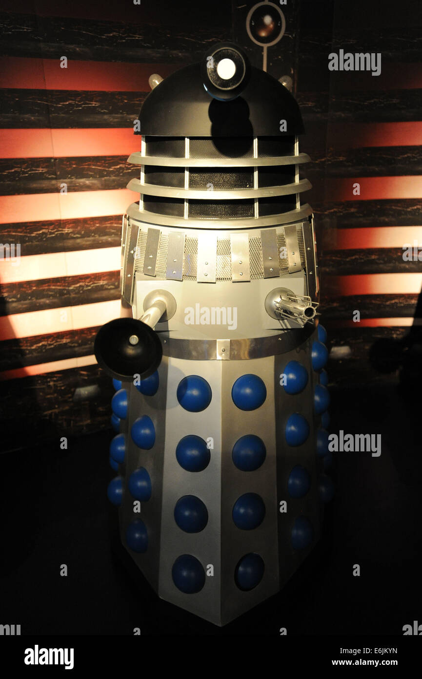 A gold and blue dalek at the Doctor Who experience at Cardiff Bay, Wales. Stock Photo