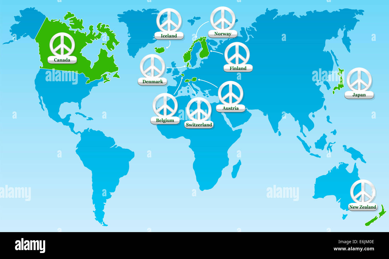 Global peace world map, showing the ten most peaceful countries worldwide since many years - tagged with ten peace symbol medals Stock Photo