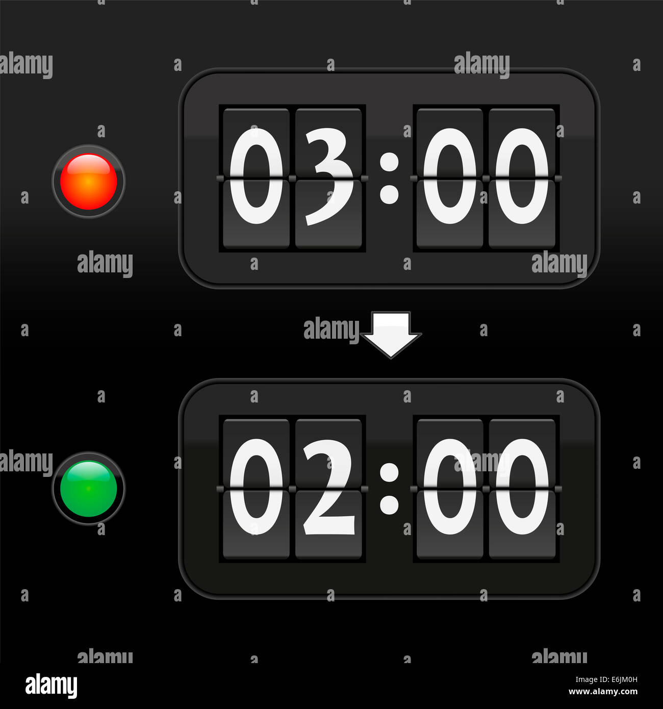 Switch to standard time in autumn from three a.m. to two a.m. - depicted with to digital time displays. Stock Photo