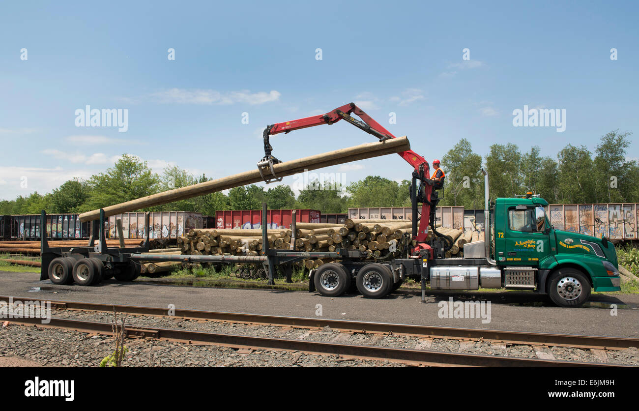 Flat, or open bed truck fitted with knuckle boom for moving telephone poles, loading poles from rail yard.  Anastasio Group. Stock Photo