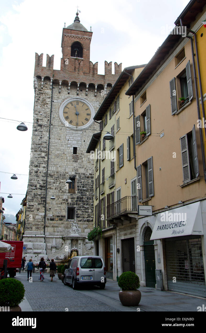 Brescia Italy. Clock Tower, Torre della Pallata, situated at Corso Garibaldi in Brescia, Lombardy region. Italy. Stock Photo