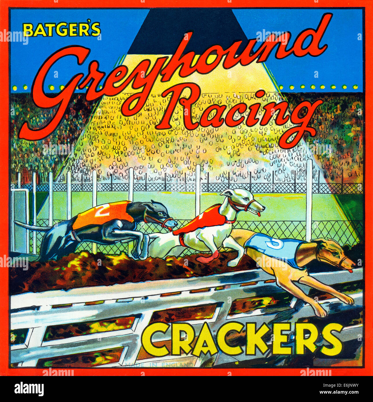 Batgers Greyhound Racing Crackers, 1930 label for a box from the London sweet and biscuit makers Stock Photo