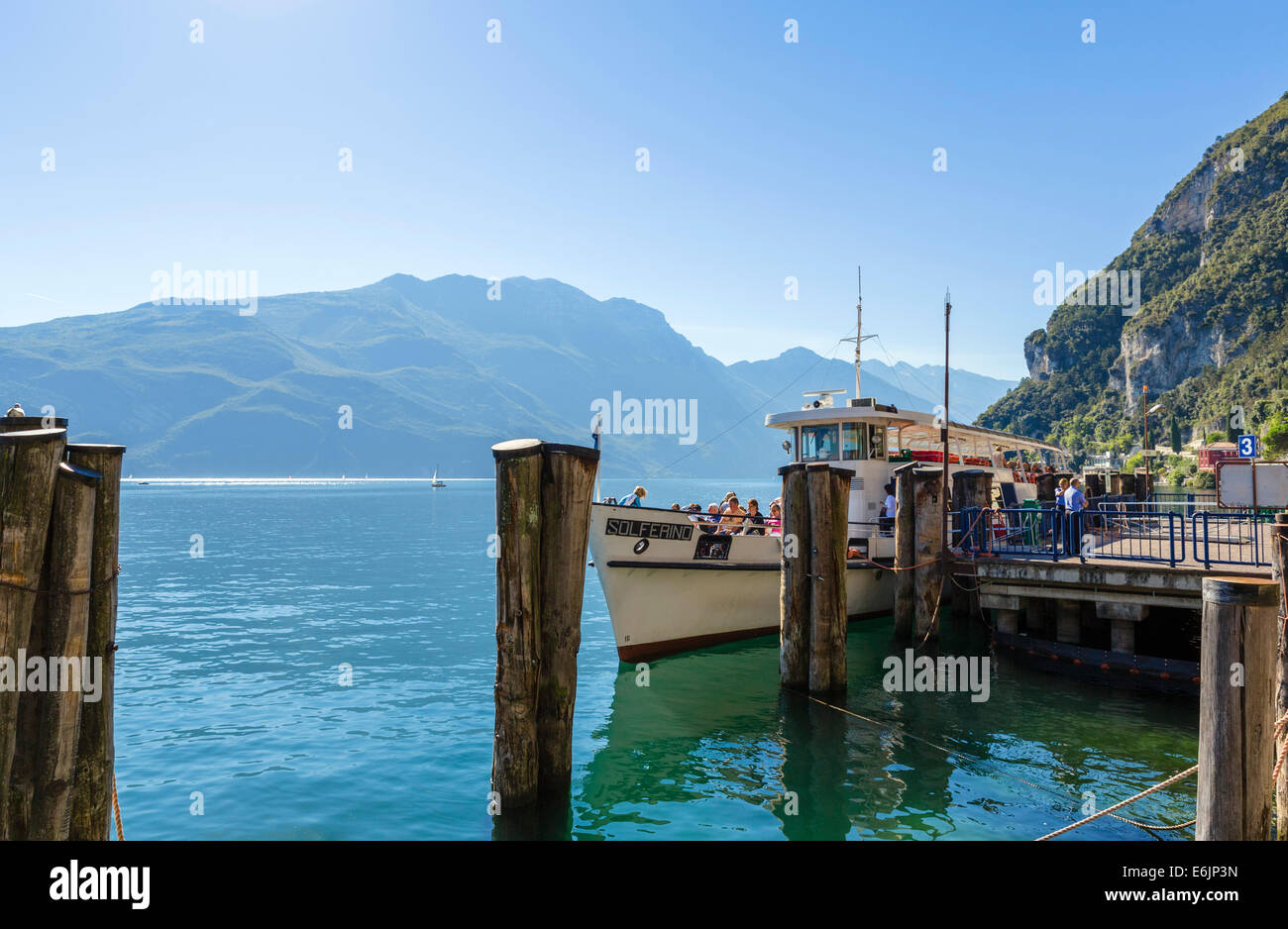 Ferry docked in the harbour at Riva del Garda, Lake Garda, Trentino-Alto Adige, Italy Stock Photo