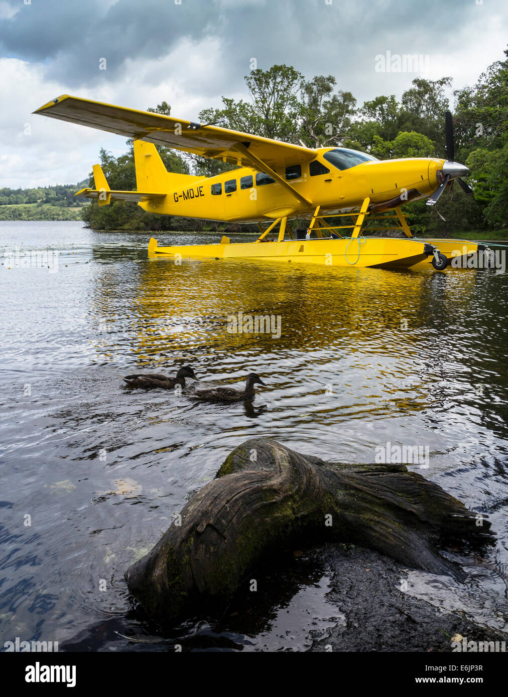 Yellow Cessna C208 Caravan Amphibian Seaplane, Loch Lomond, Scotland. Stock Photo
