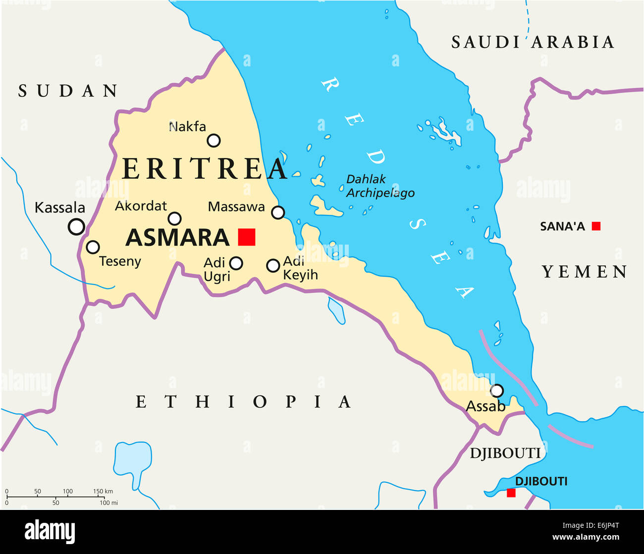Eritrea Political Map with capital Asmara, national borders, most important cities, rivers and lakes. English labeling. Stock Photo