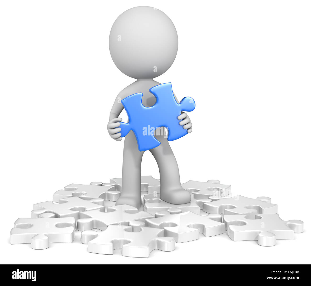 The dude finding blue puzzle piece. Random white. Stock Photo