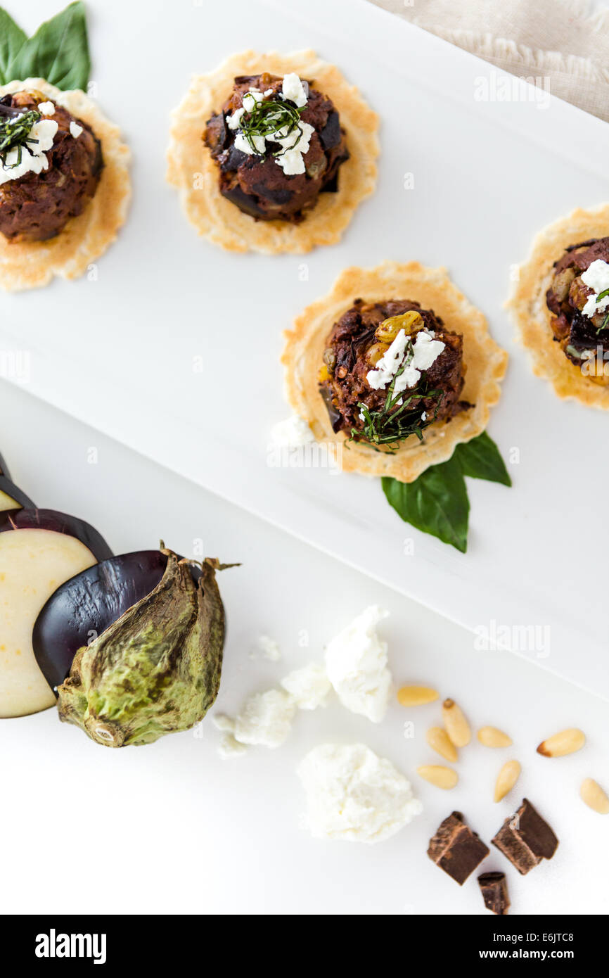 Micro Bruschetta of Chocolate Eggplant Caponata with Chocolate Balsamic