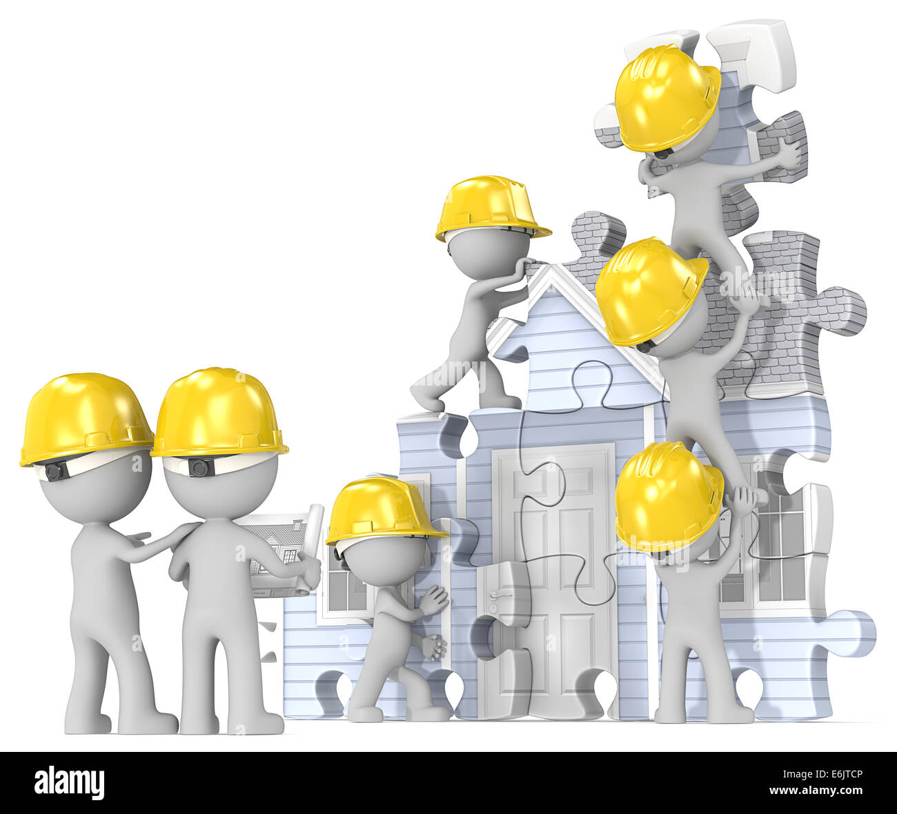 Dude the builders x 7 building abstract puzzle house from blueprint. Stock Photo