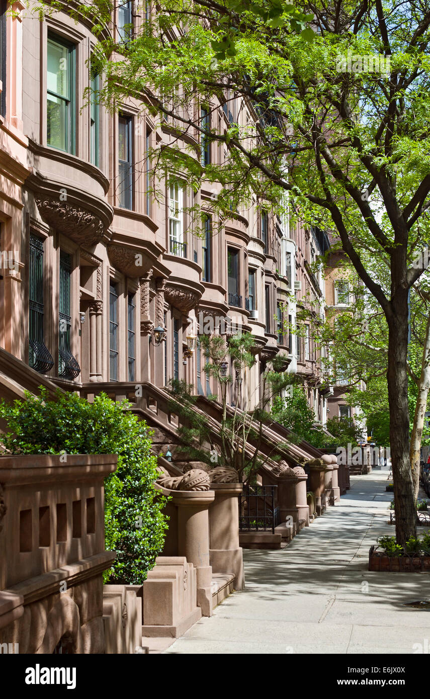 Brownstone apartment houses, buildings, residences on the Upper West Side, Manhattan, New York City, New York. Stock Photo