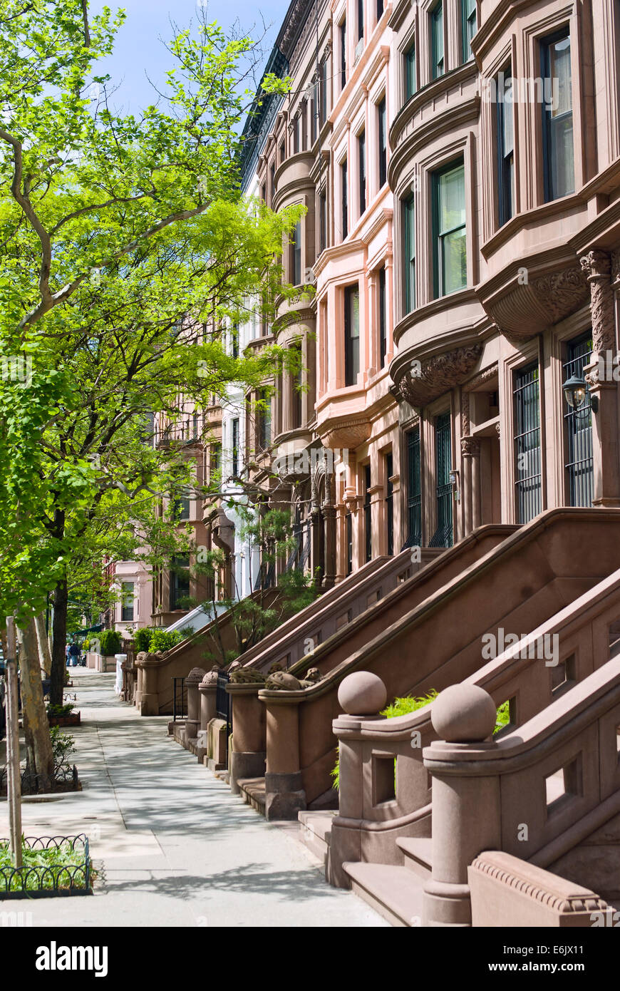 Brownstone apartment houses, buildings, residences on the Upper West Side, Manhattan, New York City, New York. Stock Photo