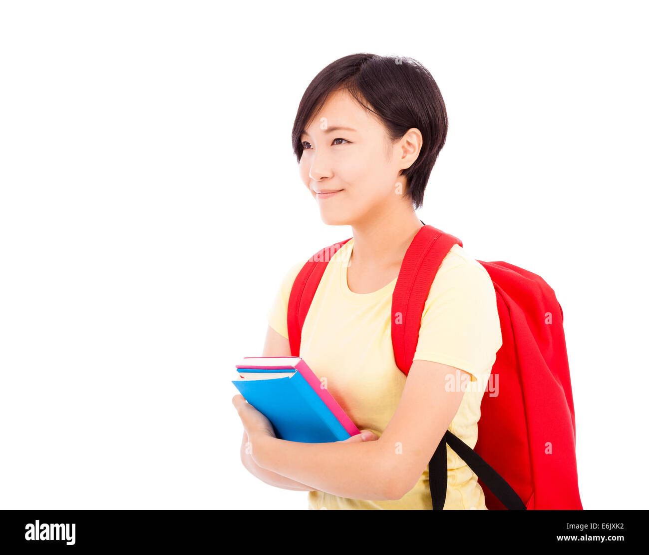 happy student girl holding book with white background Stock Photo - Alamy