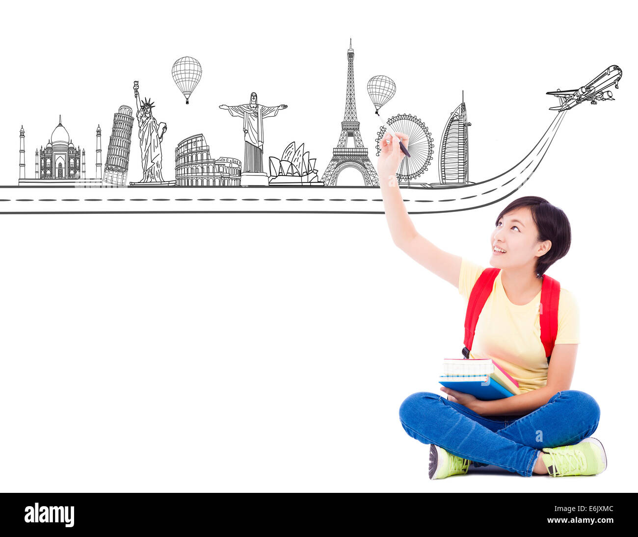 young student girl drawing a travel trip landmark Stock Photo