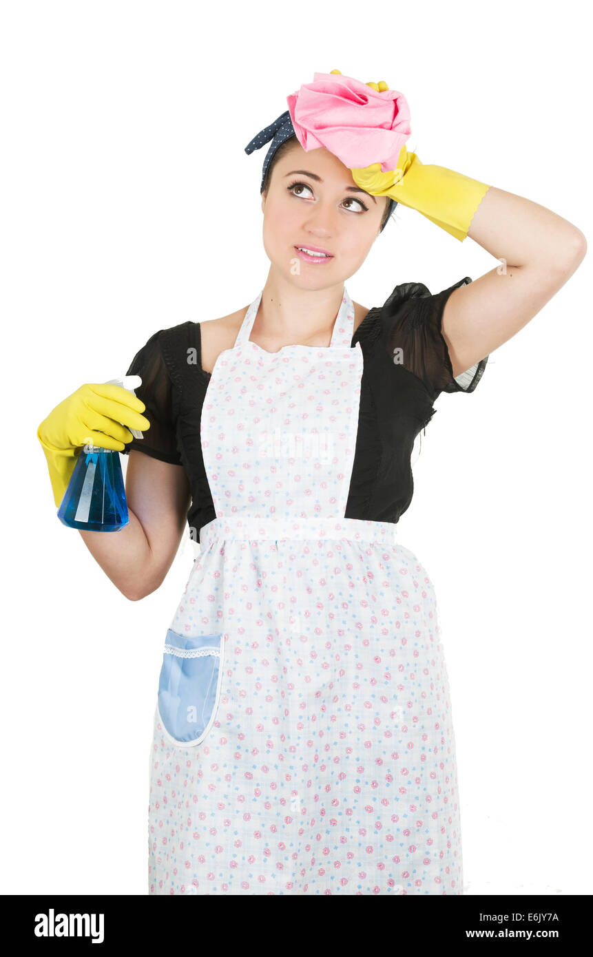 Young girl wearing apron and holding cleaning products Stock Photo - Alamy