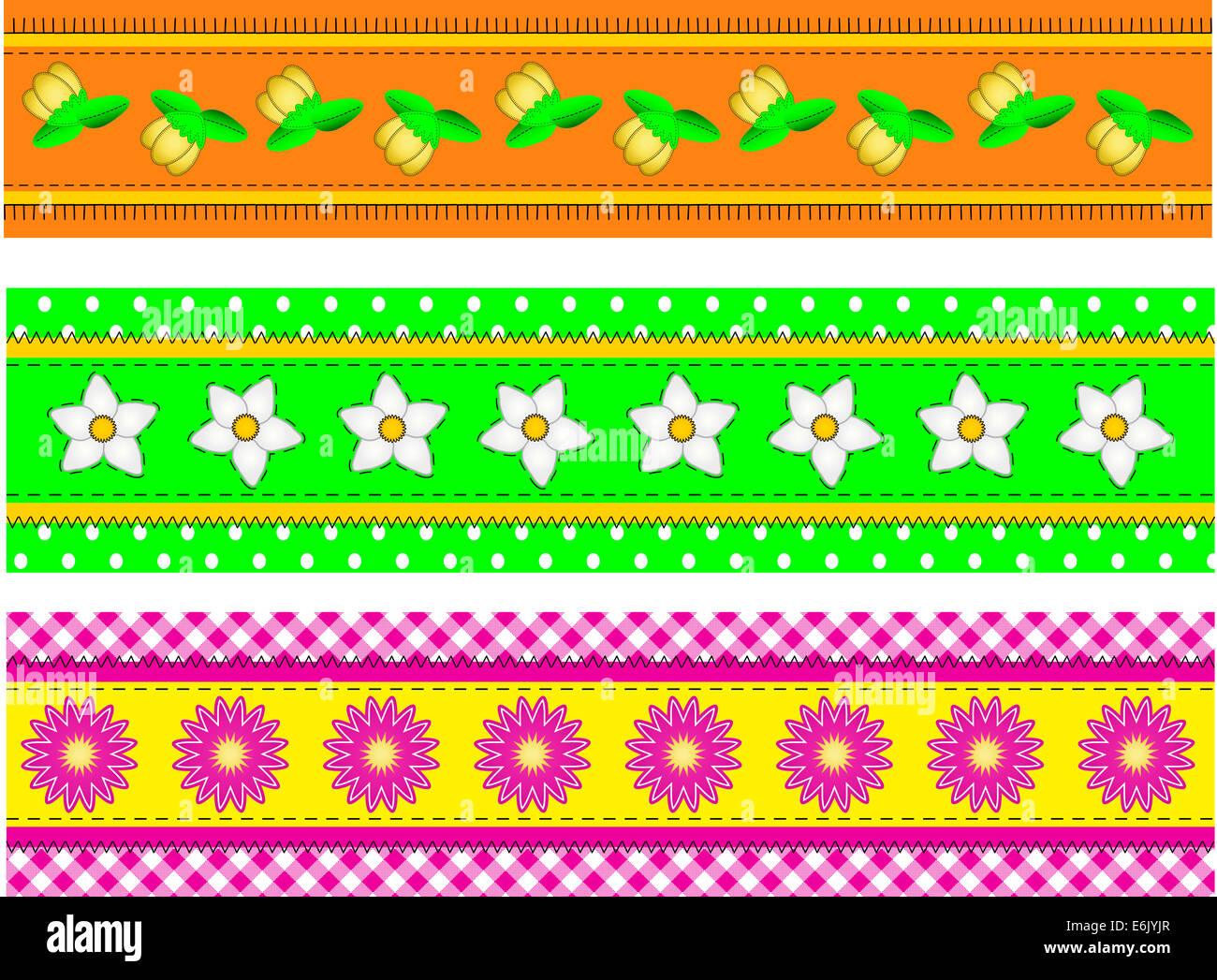Jpg  Three Flower Borders with dots, gingham and quilting stitches.  One of a series. Stock Photo